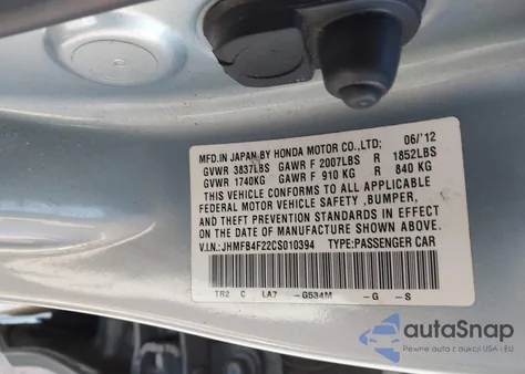 2012 Honda Civic Hybrid from USA, damaged, VIN JHMFB4F22CS010394